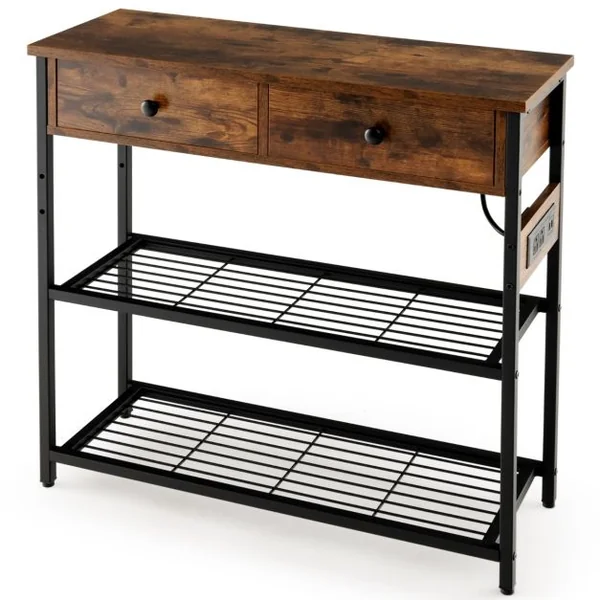 Table d'Entrée avec Station de Chargement Console Étroite avec 2 Tiroirs & 2 Étagères en Treillis Métallique Bois Rustique