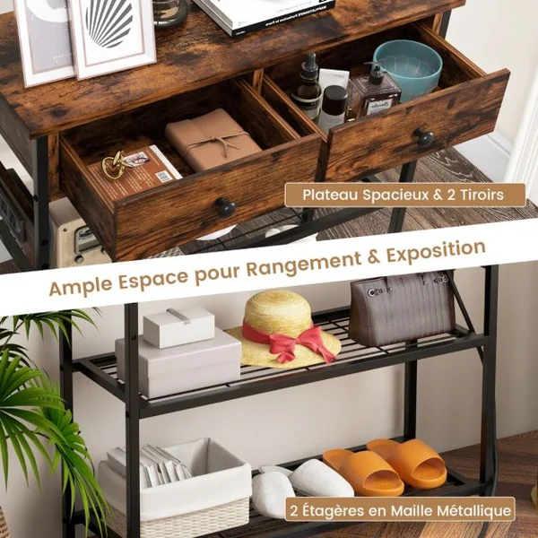 Table d'Entrée avec Station de Chargement Console Étroite avec 2 Tiroirs & 2 Étagères en Treillis Métallique Bois Rustique
