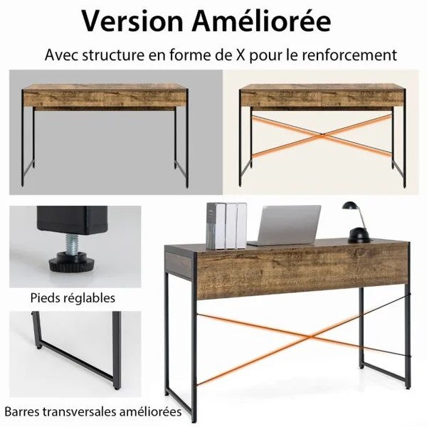 Table d'Ordinateur en Bois et Acier avec 2 Tiroirs 112x48x76CM Design Rétro Poste de Travail