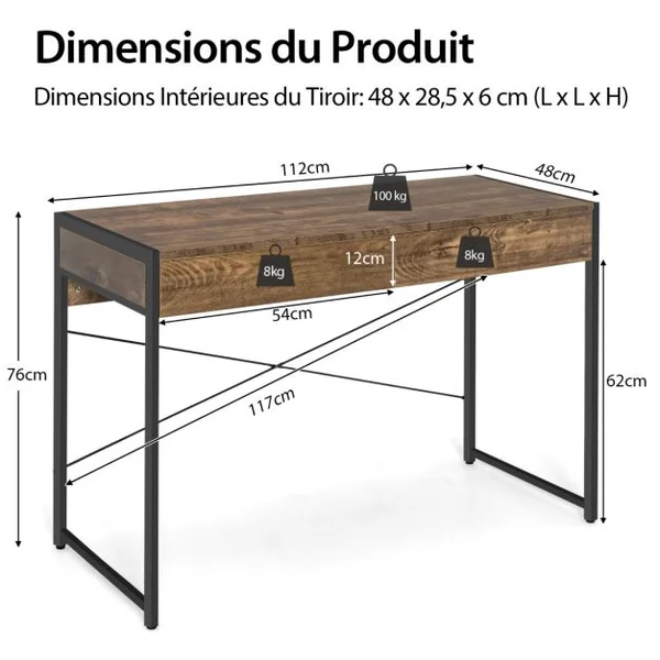 Table d'Ordinateur en Bois et Acier avec 2 Tiroirs 112x48x76CM Design Rétro Poste de Travail