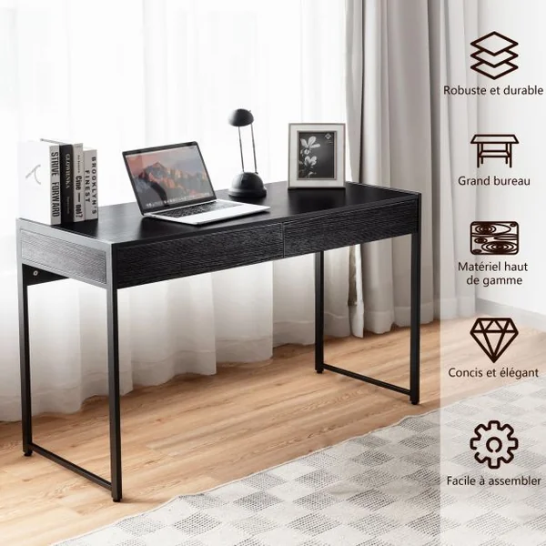 Table d'Ordinateur en Bois et Acier avec 2 Tiroirs 112x48x76CM Design Rétro Poste de Travail Noir