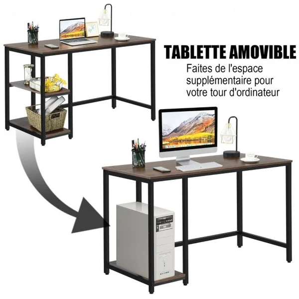 Table d'Ordinateur Industriel avec 2 Etagères de Rangement Ajustable Cadre Métallique 120 x 60 x 75 CM pour Bureau Salon