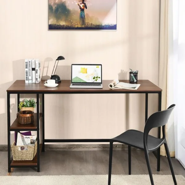 Table d'Ordinateur Industriel avec 2 Etagères de Rangement Ajustable Cadre Métallique 141 x 61 x 75 CM pour Bureau Salon Brun