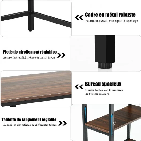 Table d'Ordinateur Industriel avec 2 Etagères de Rangement Ajustable Cadre Métallique 141 x 61 x 75 CM pour Bureau Salon Brun
