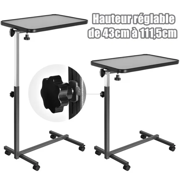 Table d’Ordinateur à Roulettes Table de Lit Portable en MDF+Fer Hauteur Réglable 69-113 cm avec 4 roulettes Gris