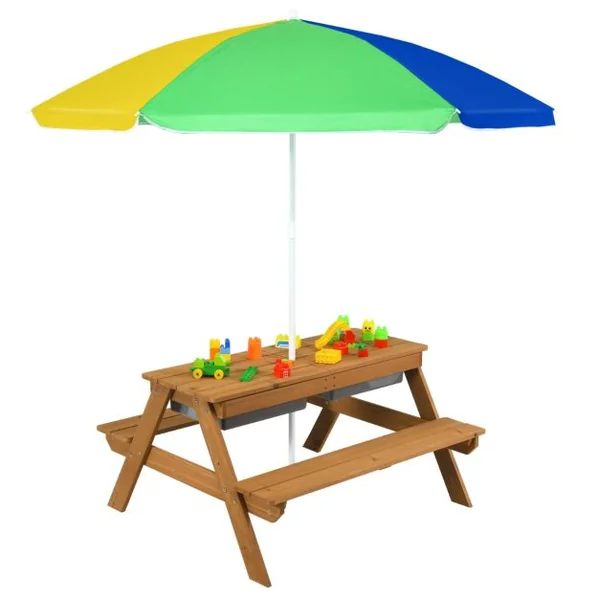 Table et 2 Bancs 3 en 1 pour 4 Enfants de Jardin avec Parasol 2 Boîtes pour Sable & Eau Plateau Amovible 3 -7 Ans Marron