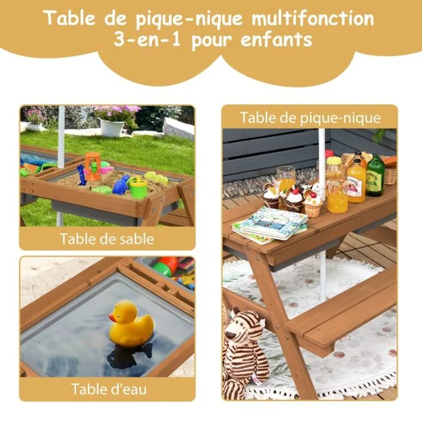 Table et 2 Bancs 3 en 1 pour 4 Enfants de Jardin avec Parasol 2 Boîtes pour Sable & Eau Plateau Amovible 3 -7 Ans Marron