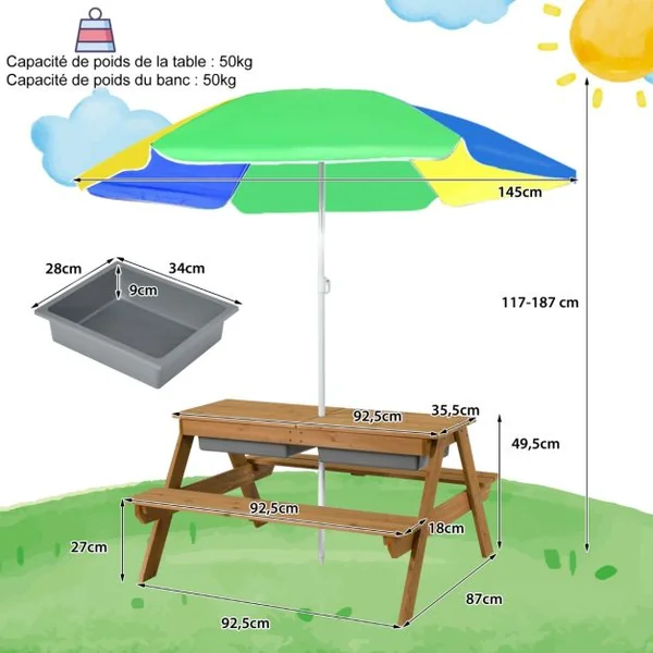 Table et 2 Bancs 3 en 1 pour 4 Enfants de Jardin avec Parasol 2 Boîtes pour Sable & Eau Plateau Amovible 3 -7 Ans Marron
