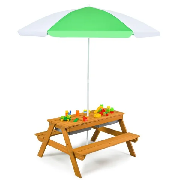 Table et 2 Bancs 3 en 1 pour 4 Enfants de Jardin avec Parasol 2 Boîtes pour Sable & Eau Plateau Amovible 3 -7 Ans Vert et Blanc