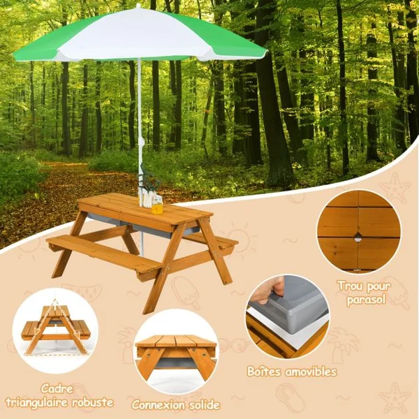 Table et 2 Bancs 3 en 1 pour 4 Enfants de Jardin avec Parasol 2 Boîtes pour Sable & Eau Plateau Amovible 3 -7 Ans Vert et Blanc