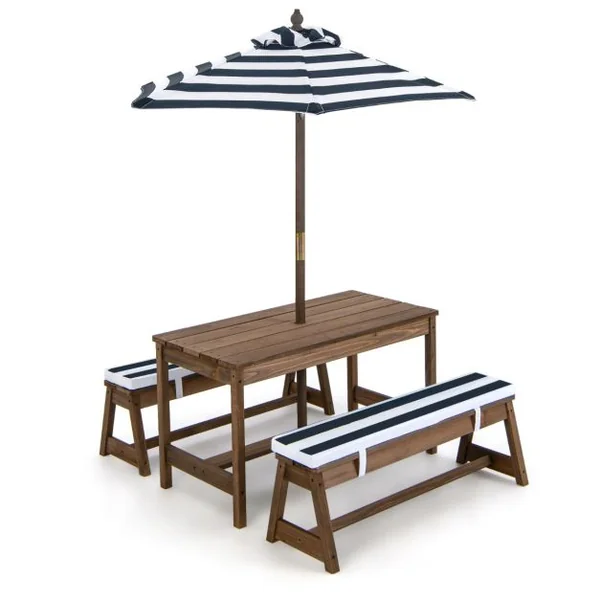 Table et 2 Bancs de Jardin avec Parasol et Coussins en Sapin Table de Pique-nique pour 4 Enfants Bleu/Café