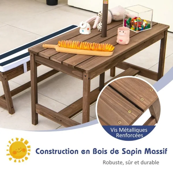 Table et 2 Bancs de Jardin avec Parasol et Coussins en Sapin Table de Pique-nique pour 4 Enfants Bleu/Café