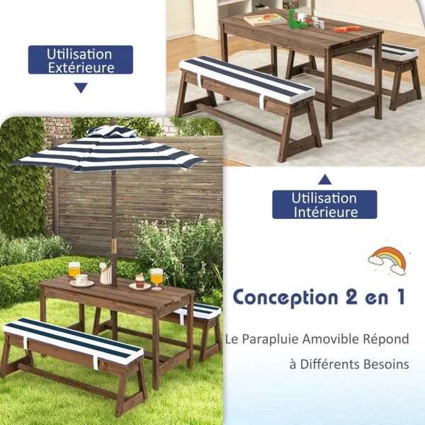 Table et 2 Bancs de Jardin avec Parasol et Coussins en Sapin Table de Pique-nique pour 4 Enfants Bleu/Café