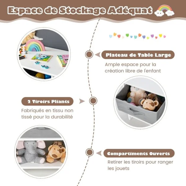 Table et 2 Chaises Enfants avec 2 Paniers de Rangement Bureau Enfants en Bois avec Design Ergonomique Charge 50kg pour Enfants de 3 Ans+