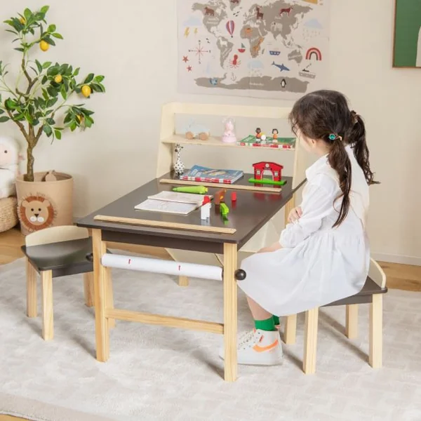 Table et 2 Chaises pour Enfants - Rouleau de Papier - 2 Étagères & 2 Bacs de Rangement 2 Marqueurs pour 3 Ans+