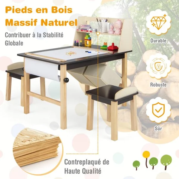 Table et 2 Chaises pour Enfants - Rouleau de Papier - 2 Étagères & 2 Bacs de Rangement 2 Marqueurs pour 3 Ans+