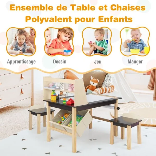Table et 2 Chaises pour Enfants - Rouleau de Papier - 2 Étagères & 2 Bacs de Rangement 2 Marqueurs pour 3 Ans+