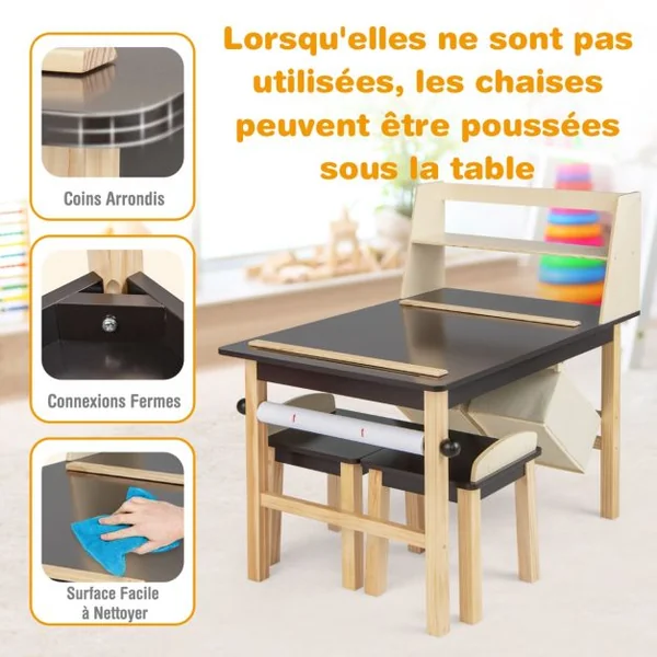 Table et 2 Chaises pour Enfants - Rouleau de Papier - 2 Étagères & 2 Bacs de Rangement 2 Marqueurs pour 3 Ans+