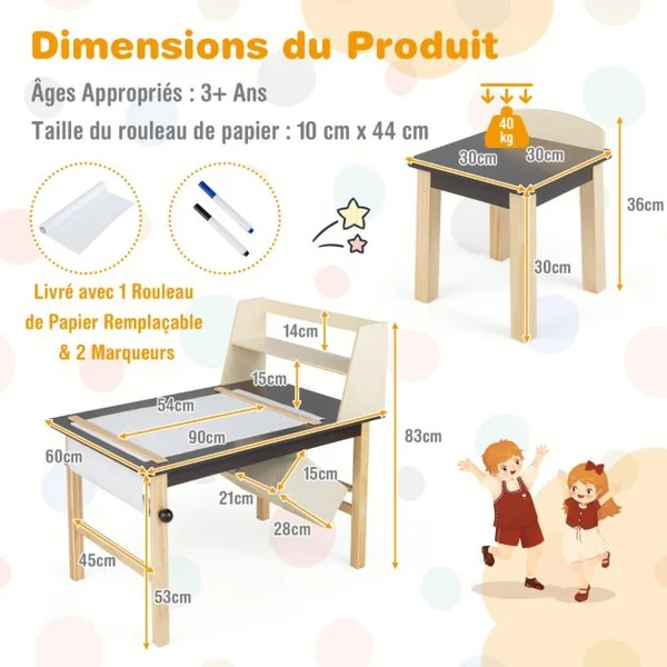 Table et 2 Chaises pour Enfants - Rouleau de Papier - 2 Étagères & 2 Bacs de Rangement 2 Marqueurs pour 3 Ans+