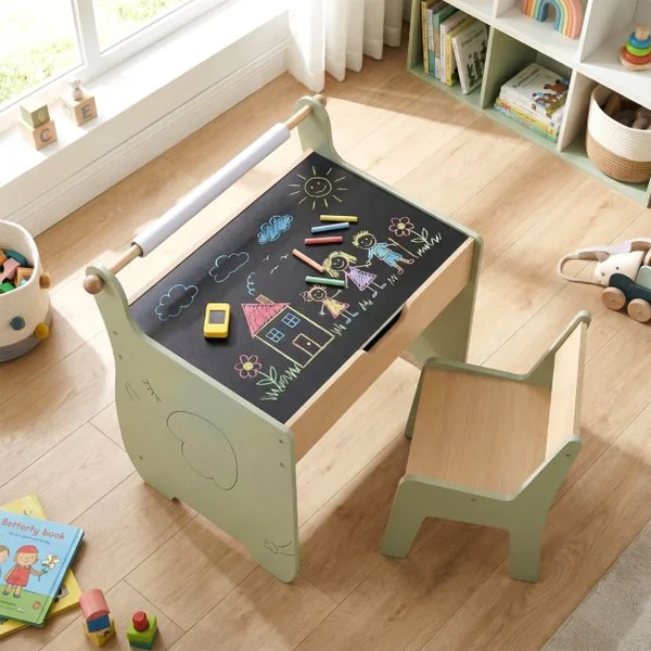 Table et Chaise pour Enfants Bureau d'Activités en Bois pour Tout-petits Plateau Amovible 2 en 1 Rangement Porte-rouleau de Papier Vert