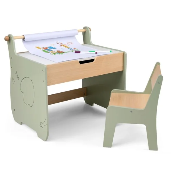 Table et Chaise pour Enfants Bureau d'Activités en Bois pour Tout-petits Plateau Amovible 2 en 1 Rangement Porte-rouleau de Papier Vert