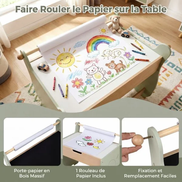 Table et Chaise pour Enfants Bureau d'Activités en Bois pour Tout-petits Plateau Amovible 2 en 1 Rangement Porte-rouleau de Papier Vert