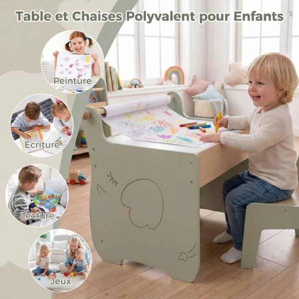 Table et Chaise pour Enfants Bureau d'Activités en Bois pour Tout-petits Plateau Amovible 2 en 1 Rangement Porte-rouleau de Papier Vert