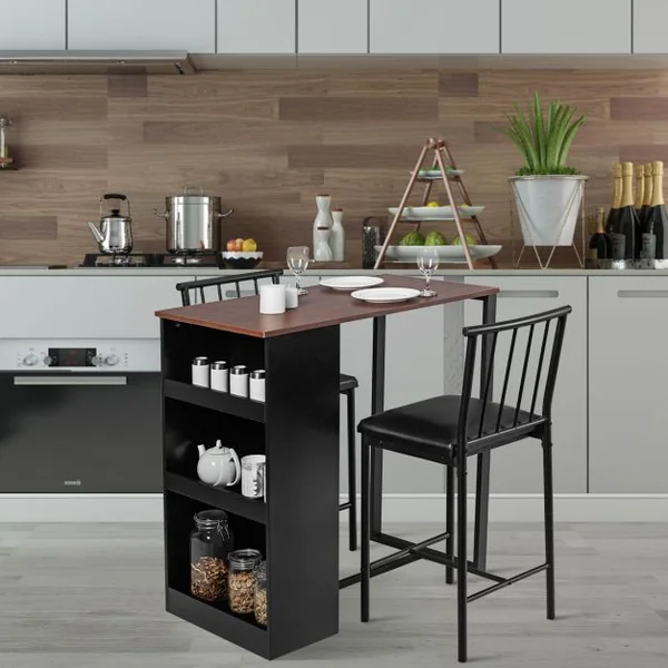 Table Haute Cuisine avec 2 Tabourets Mange-Debout 3 Compartiments de Rangement Style Industriel pour Bistro Salle à Manger Marron