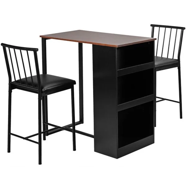 Table Haute Cuisine avec 2 Tabourets Mange-Debout 3 Compartiments de Rangement Style Industriel pour Bistro Salle à Manger Marron