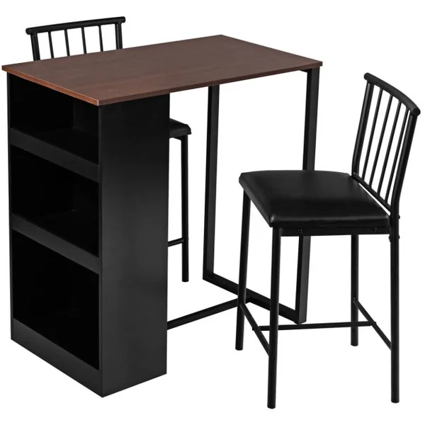 Table Haute Cuisine avec 2 Tabourets Mange-Debout 3 Compartiments de Rangement Style Industriel pour Bistro Salle à Manger Marron