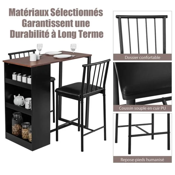Table Haute Cuisine avec 2 Tabourets Mange-Debout 3 Compartiments de Rangement Style Industriel pour Bistro Salle à Manger Marron