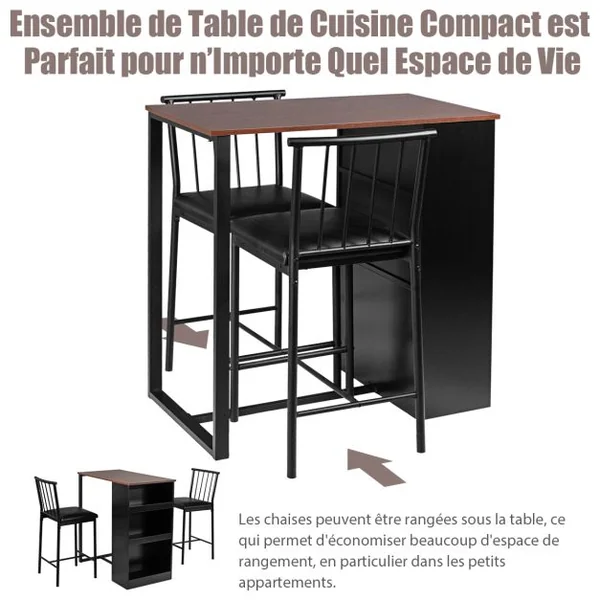 Table Haute Cuisine avec 2 Tabourets Mange-Debout 3 Compartiments de Rangement Style Industriel pour Bistro Salle à Manger Marron