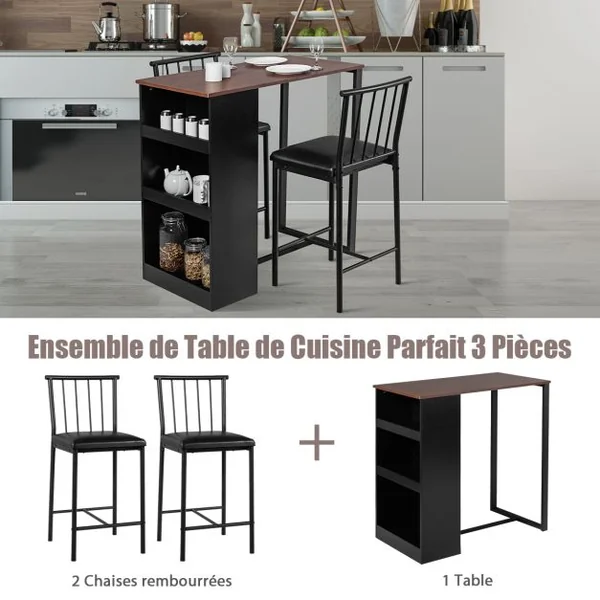 Table Haute Cuisine avec 2 Tabourets Mange-Debout 3 Compartiments de Rangement Style Industriel pour Bistro Salle à Manger Marron