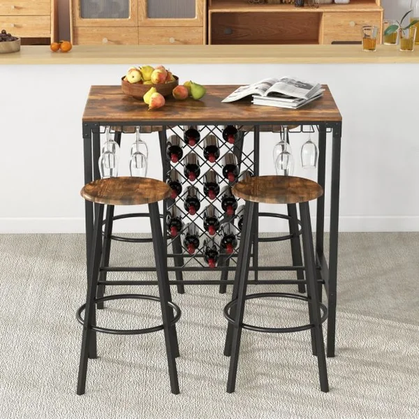 Table Haute Cuisine avec 4 Tabourets avec Porte-verre et Casier à Bouteilles sous Table Mange-Debout pour Salle à Manger Cuisine Brun Rustique