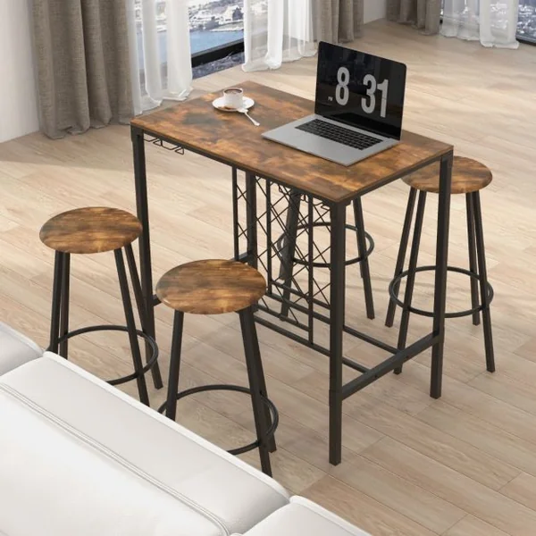 Table Haute Cuisine avec 4 Tabourets avec Porte-verre et Casier à Bouteilles sous Table Mange-Debout pour Salle à Manger Cuisine Brun Rustique