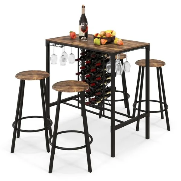 Table Haute Cuisine avec 4 Tabourets avec Porte-verre et Casier à Bouteilles sous Table Mange-Debout pour Salle à Manger Cuisine Brun Rustique