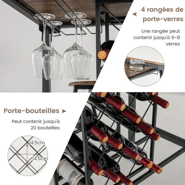 Table Haute Cuisine avec 4 Tabourets avec Porte-verre et Casier à Bouteilles sous Table Mange-Debout pour Salle à Manger Cuisine Brun Rustique