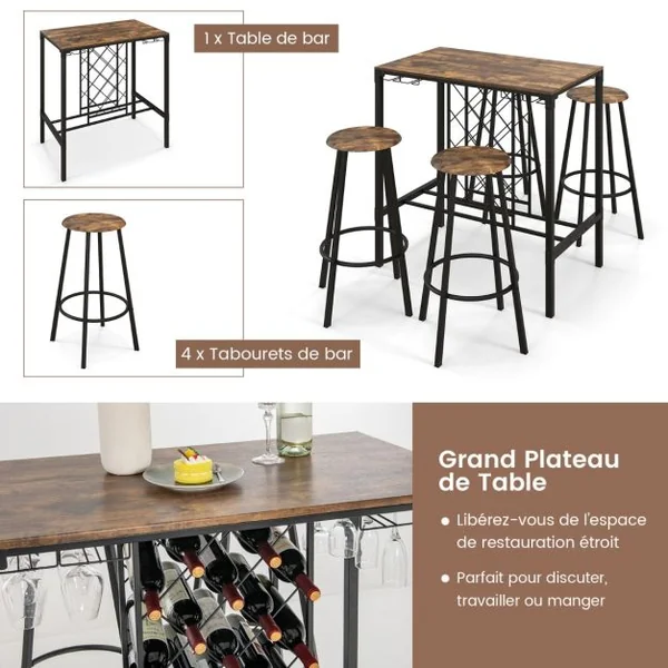 Table Haute Cuisine avec 4 Tabourets avec Porte-verre et Casier à Bouteilles sous Table Mange-Debout pour Salle à Manger Cuisine Brun Rustique
