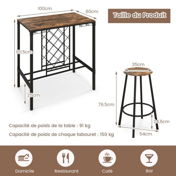 Table Haute Cuisine avec 4 Tabourets avec Porte-verre et Casier à Bouteilles sous Table Mange-Debout pour Salle à Manger Cuisine Brun Rustique
