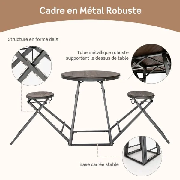 Table Haute Cuisine avec Tabouret Table Bar Industrielle Pliable Mange Debout 2 Personnes Compact pour Cuisine Salle à Manger Salon Bistro Gris