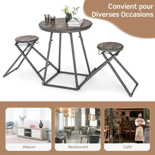 Table Haute Cuisine avec Tabouret Table Bar Industrielle Pliable Mange Debout 2 Personnes Compact pour Cuisine Salle à Manger Salon Bistro Gris