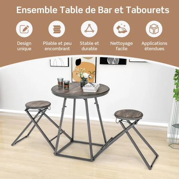 Table Haute Cuisine avec Tabouret Table Bar Industrielle Pliable Mange Debout 2 Personnes Compact pour Cuisine Salle à Manger Salon Bistro Gris