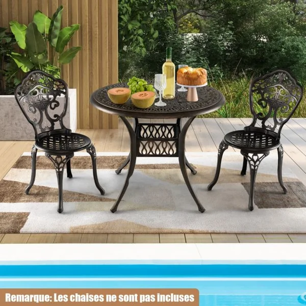 Table Jardin Ronde en Aluminium coulé 90x90x74CM avec Trou pour Parasol 5CM Table Extérieure avec Pied Réglable Antidérapant