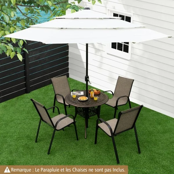 Table Jardin Ronde en Aluminium coulé 90x90x74CM avec Trou pour Parasol 5CM Table Extérieure avec Pied Réglable Antidérapant