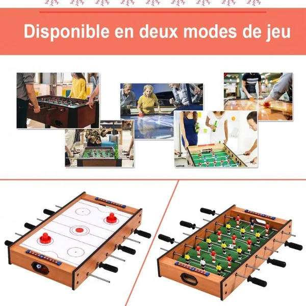 Table Multi-jeux 2 en 1 Table avec Plateau de Baby-foot et de Hockey avec Accessoires Idéale pour Activités 69x36x10cm