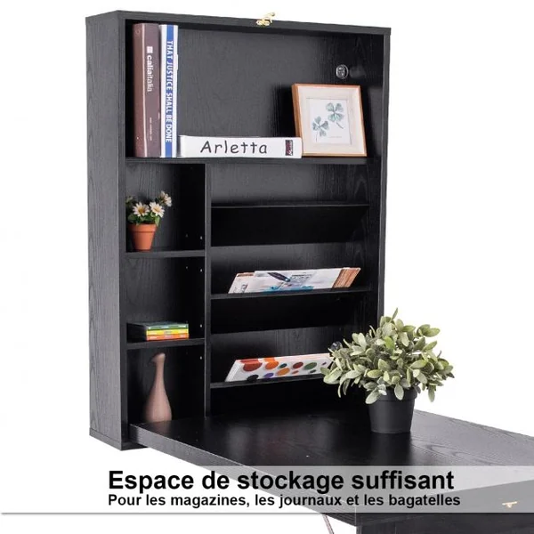 Table Murale Pliable Bureau Mural Rabattable Meuble de Rangement avec Étagère Intégrée en MDF 82x16x60cm Noir