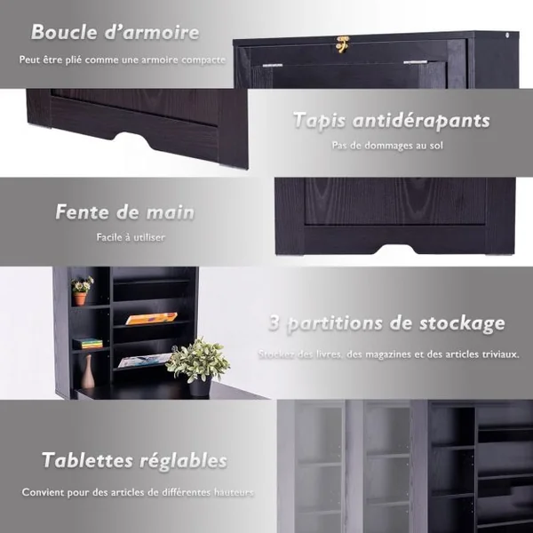 Table Murale Pliable Bureau Mural Rabattable Meuble de Rangement avec Étagère Intégrée en MDF 82x16x60cm Noir
