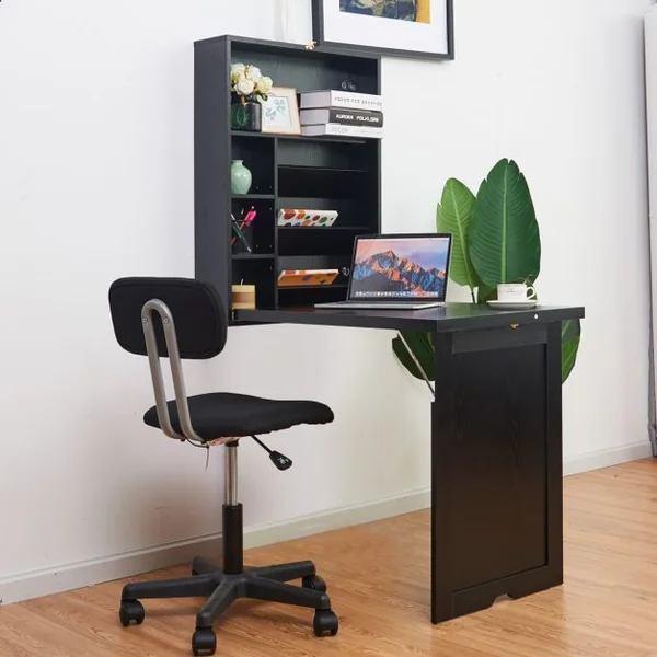 Table Murale Pliable Bureau Mural Rabattable Meuble de Rangement avec Étagère Intégrée en MDF 82x16x60cm Noir