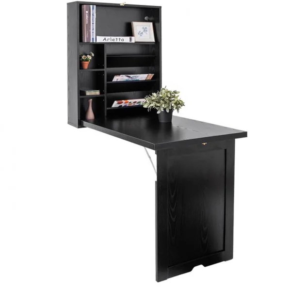 Table Murale Pliable Bureau Mural Rabattable Meuble de Rangement avec Étagère Intégrée en MDF 82x16x60cm Noir
