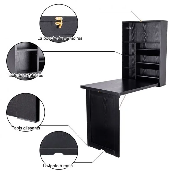 Table Murale Pliable Bureau Mural Rabattable Meuble de Rangement avec Étagère Intégrée en MDF 82x16x60cm Noir